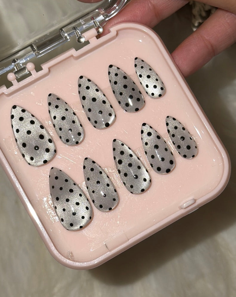 Silver cat eye with polka dots