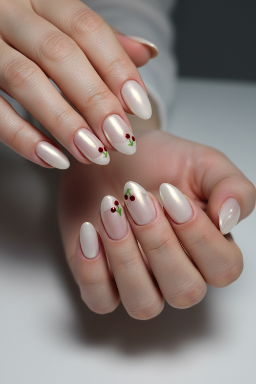 Cherry Lady Pearl Chrome Nails - Model Shot