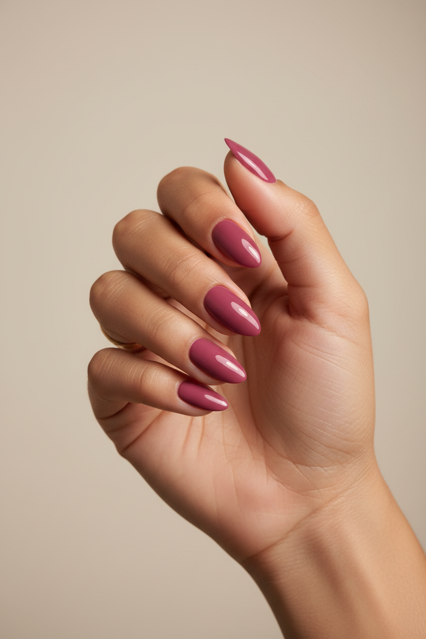 Model wearing deep rose almond press-on nails