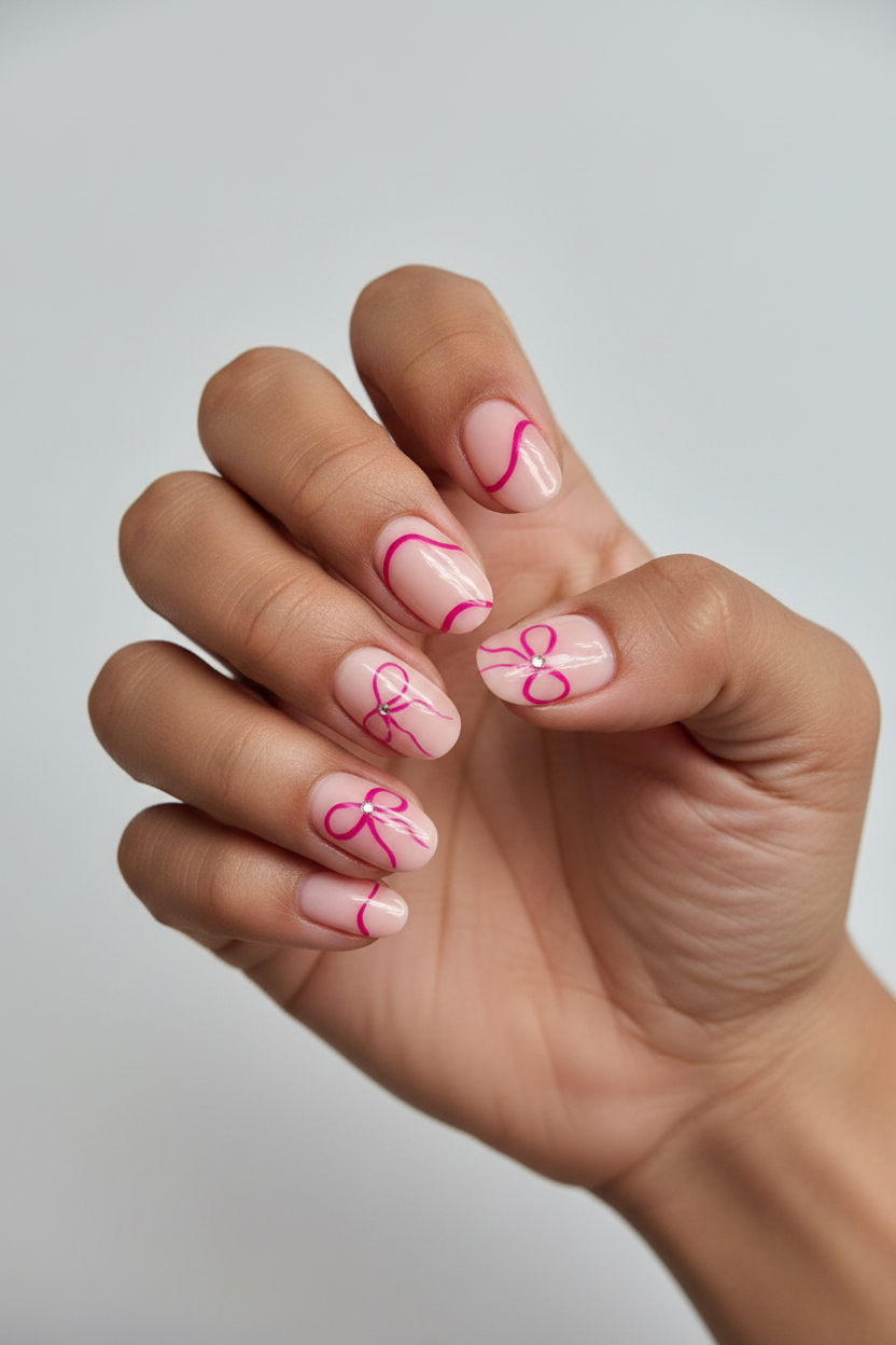 Model wearing Hot pink Quirky Bow press-on nails