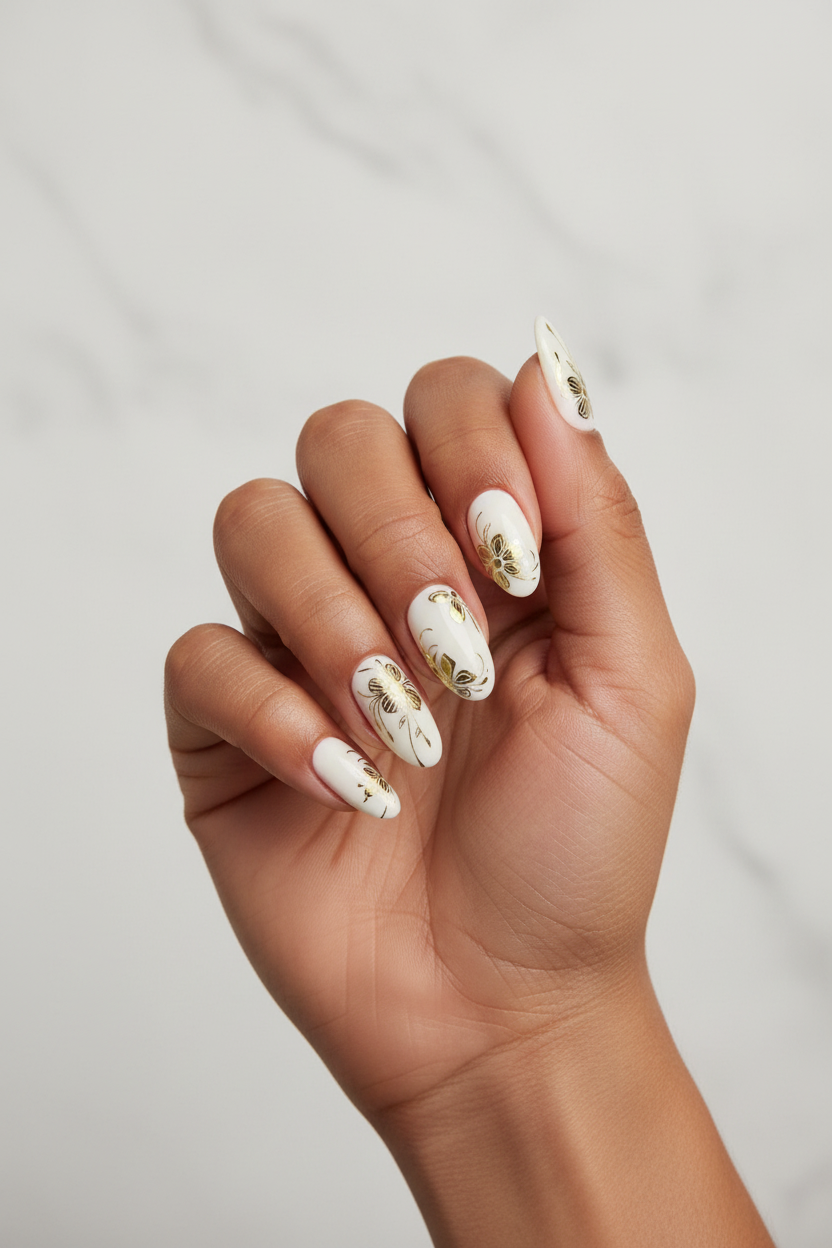 Off White Gold Floral Nails - Model Shot